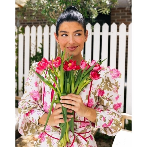 Sue Sartor Pink Floral Flounce Dress Cotton Midi Prairie Style Sz M - Picture 3 of 11